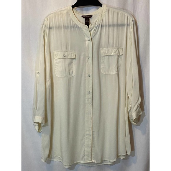 Bit-N-Bridle 1X Button Up Tunic 3/4 Roll Tab Sleeves Cream - Picture 1 of 5